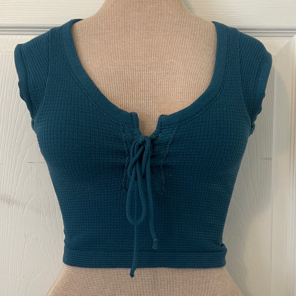 Urban Outfitters Teal Ribbed Lace-Up Crop Top